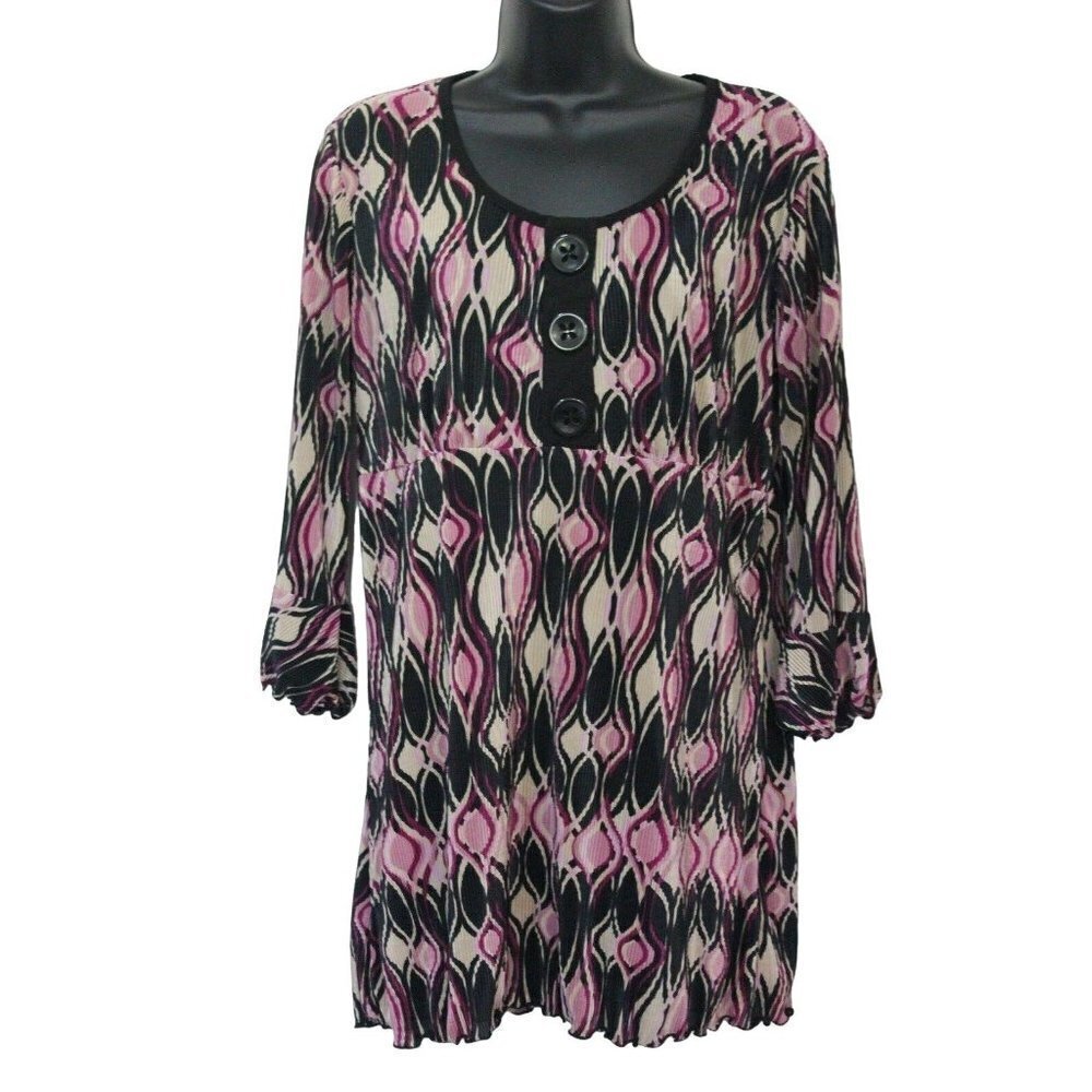 Dressbarn Tunic Top Blouse Crinkle Medium 3/4 Sleeve Pink Black Tan Size Medium